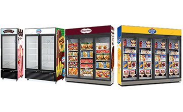swing door upright freezer displaying cold food with glass doors