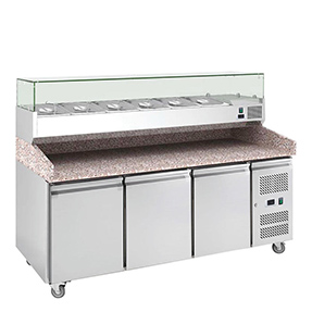 Commercial Pizza Prep Table Station Booth with Marble Worktop and Pan Rail