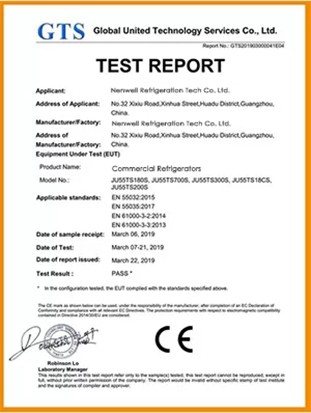 GTS QUALITY TEST certificate of commercial refrigerator manufacturer from China factory nenwell